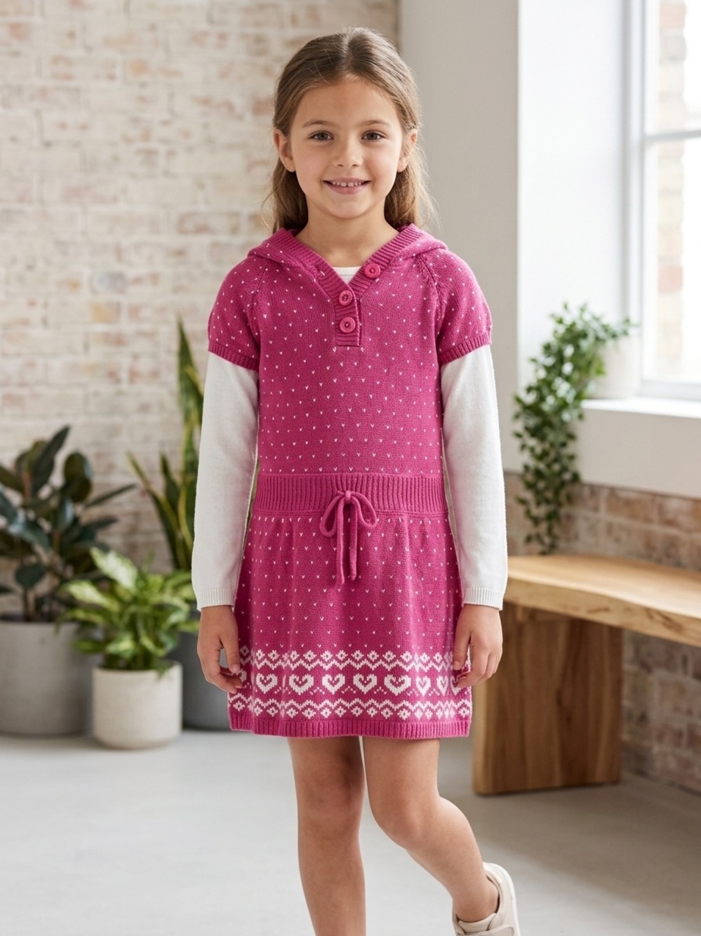 Girls' Pink Hooded Knit Dress with White Sleeves